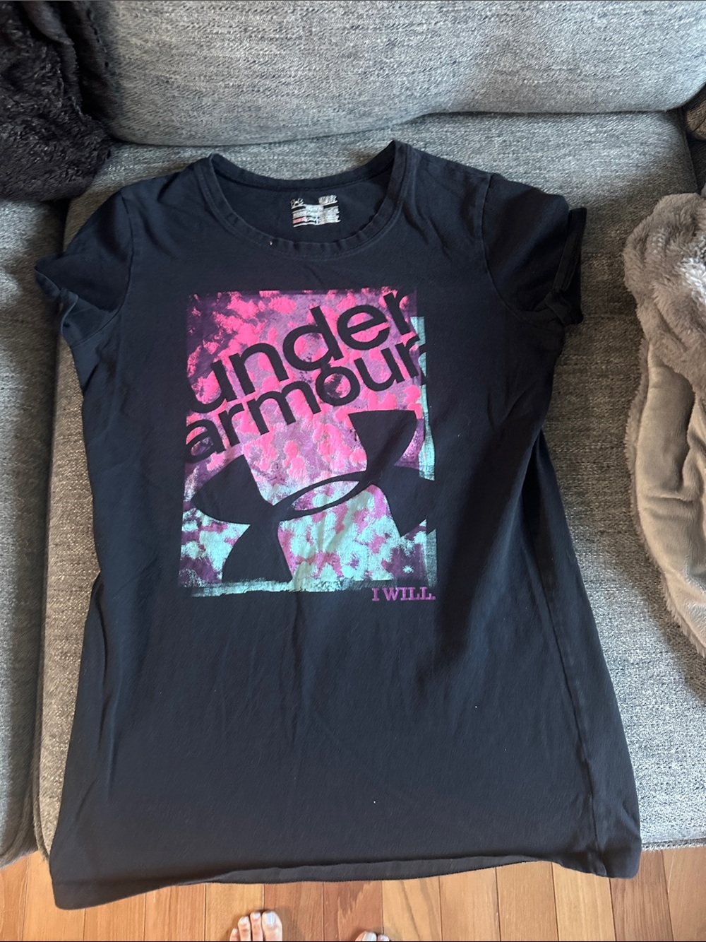 Under Armour Black Tee with Pink & Teal Graphic